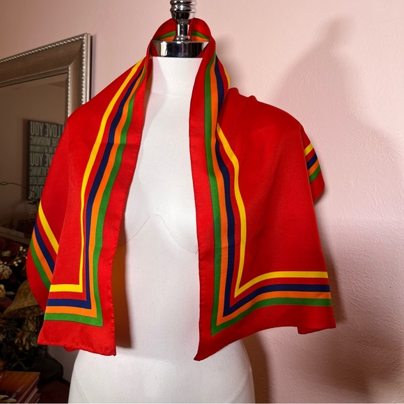 Vintage 70 80 Red MOD Rainbow Preppy Stripe Rectangle Bow Neck Scarf - Picture 13 of 17
